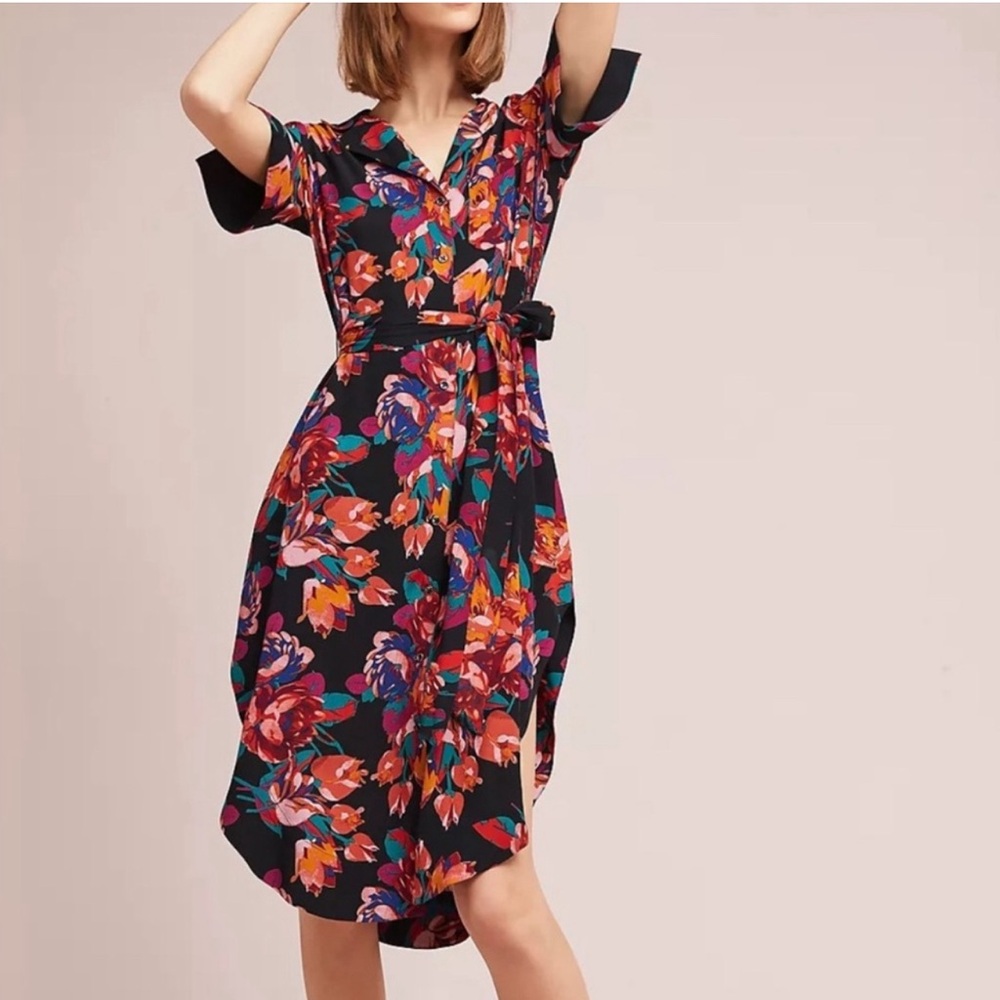 Maeve Floral Button Down Shirt Dress Tie Belt